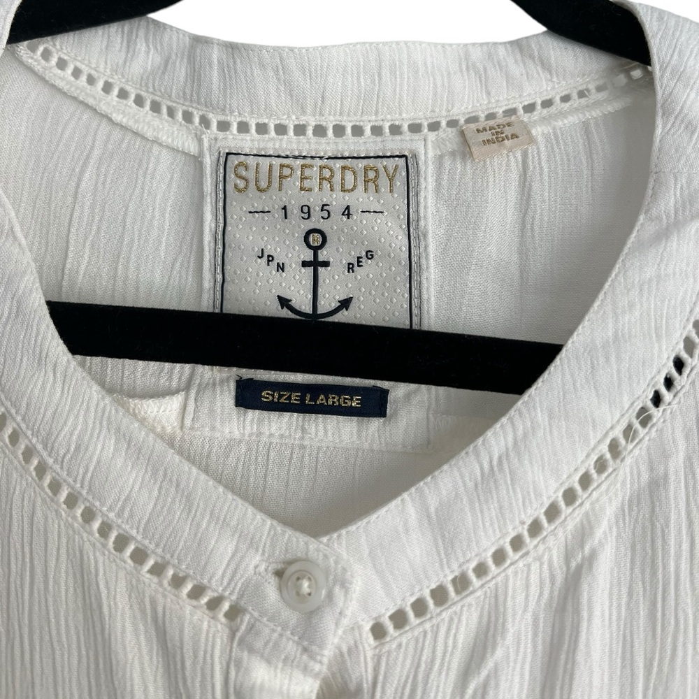 Superdry Women Sheer Button Up V Neck Long Sleeve Blouse Large Off White - Picture 3 of 8